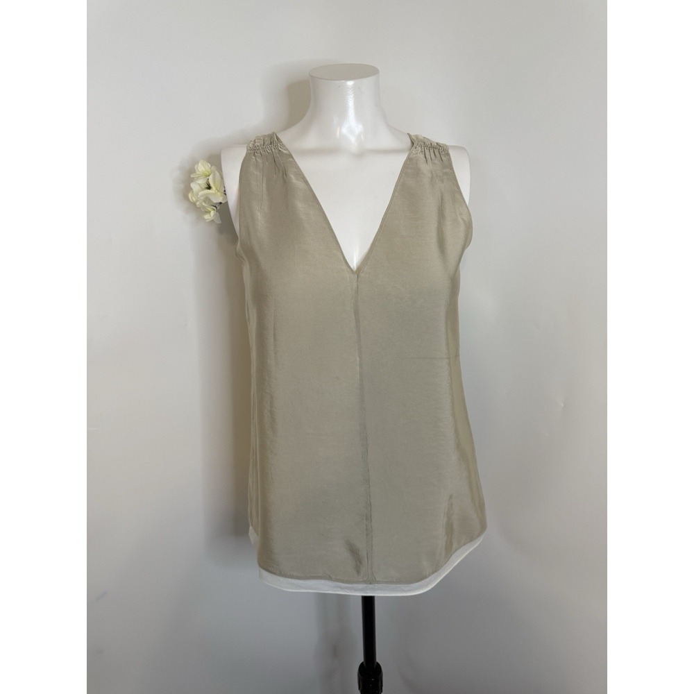 Theory Taupe White Trim V Neck Sleeveless Shirred Top Shell Size‎ Small Or P New
